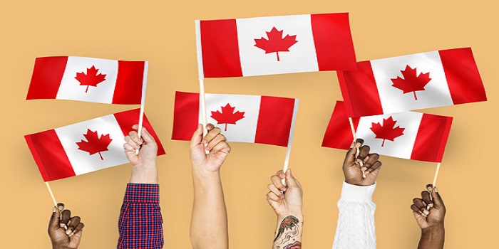 Hands waving flags of Canada