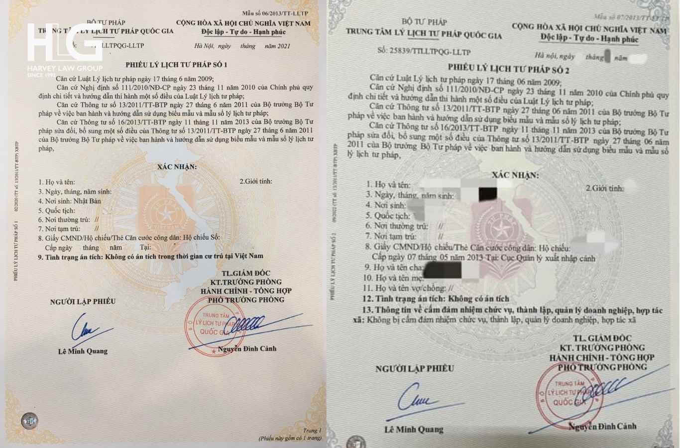 Mẫu Phiếu lý lịch tư pháp số 1 và số 2 tại Việt Nam